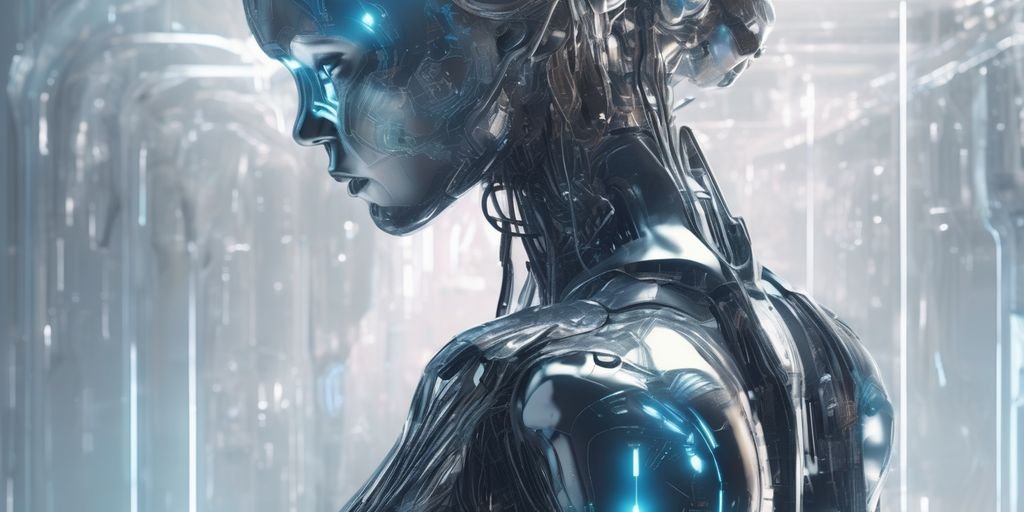 futuristic AI technology concept with human figures and digital elements